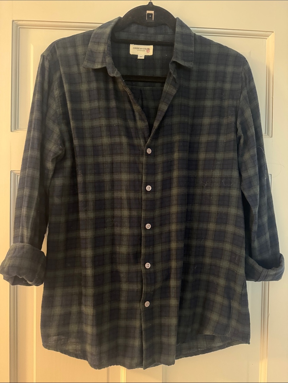 American Colors Women’s Navy and Gree Plaid Button-Up  Lightweight Flannel Shirt